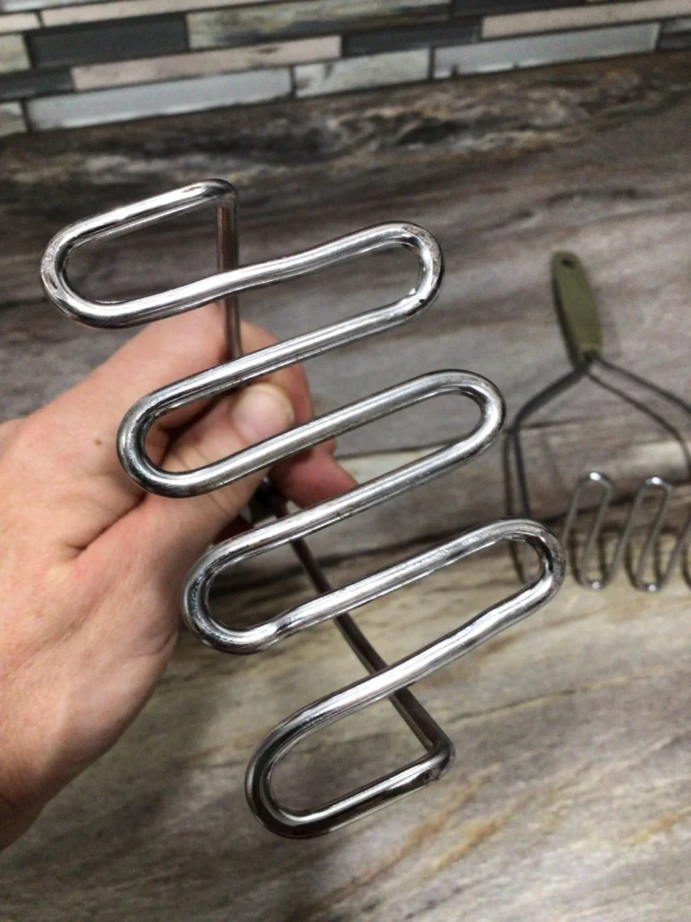 Vintage Green Handle Potato Mashers Set of 2 Stainless Steel Kitchen Utensils.